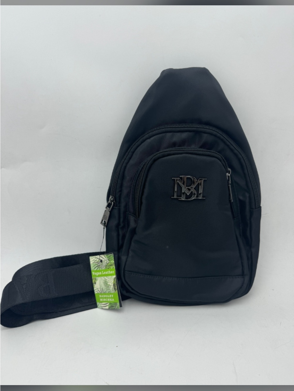 Badgley Mischka Black Nylon Sling Belt Bag with Metal Logo